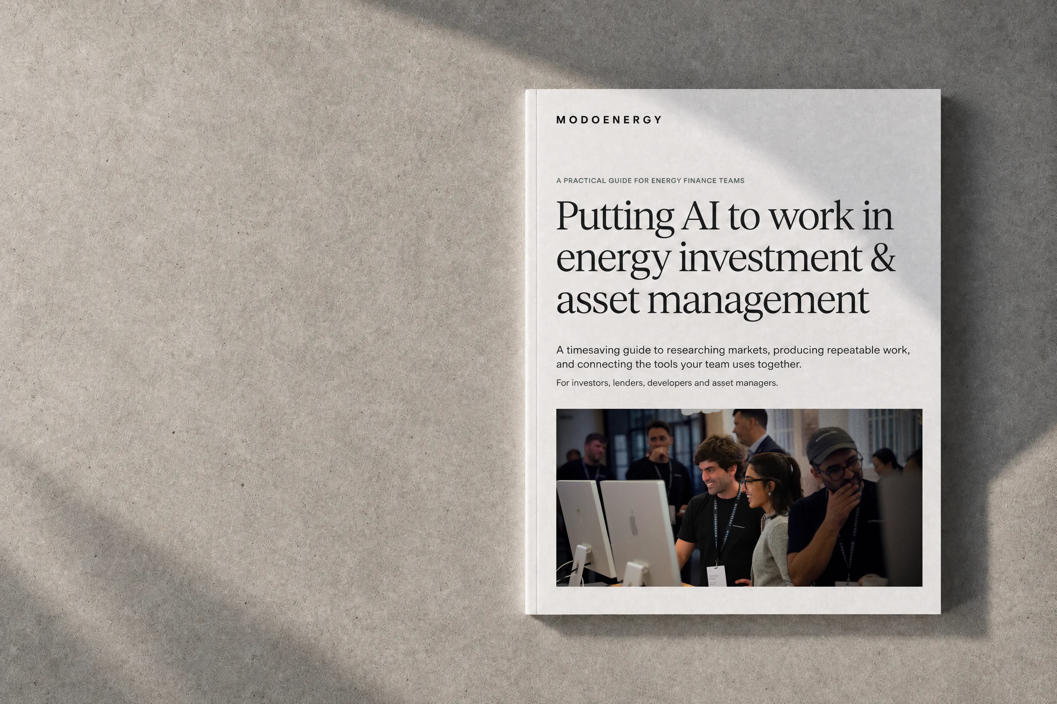 Front cover of the Modo Energy guide "Putting AI to work in energy investment & renewable asset management"