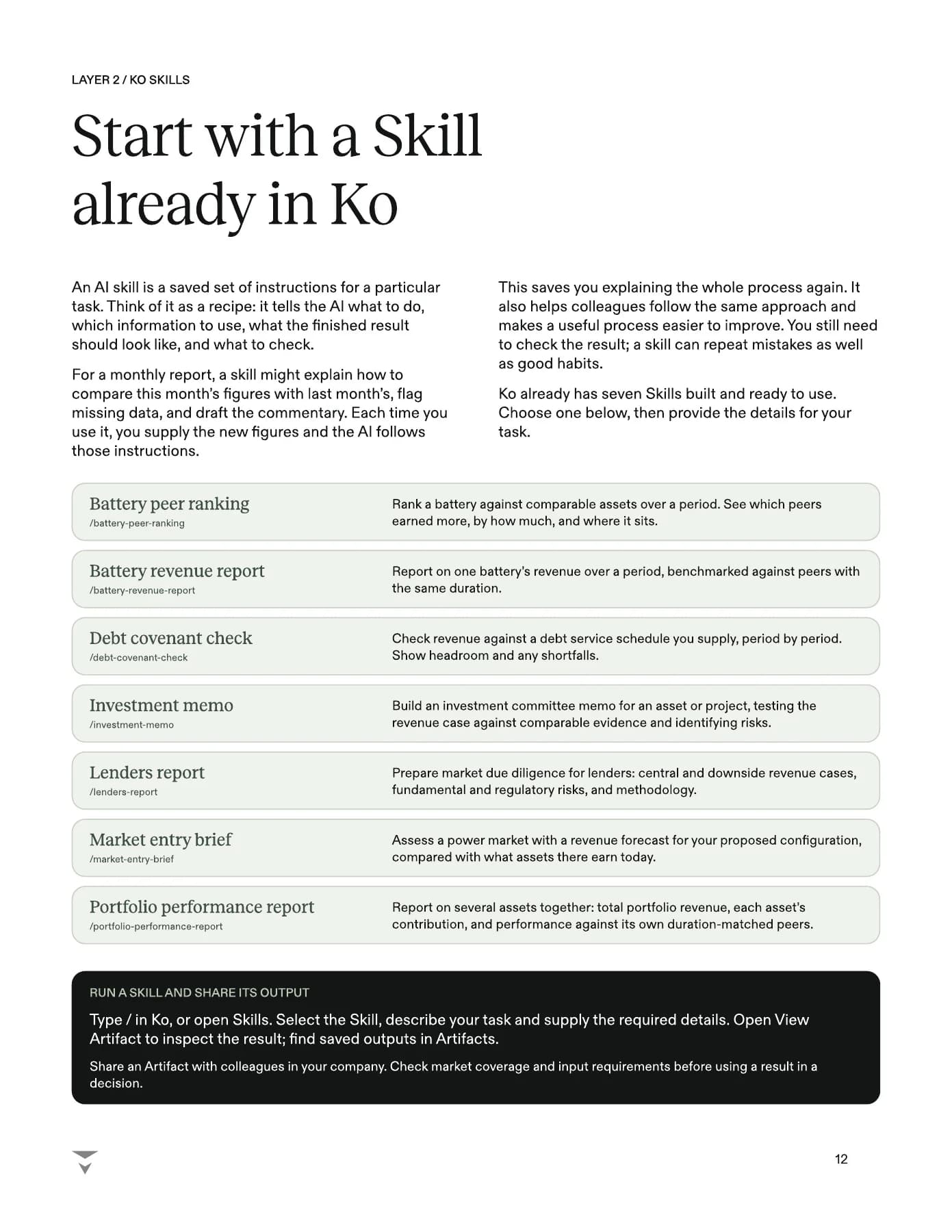 Page 12 of the guide, "Start with a Skill already in Ko", listing the Skills available in Ko and the result each one produces