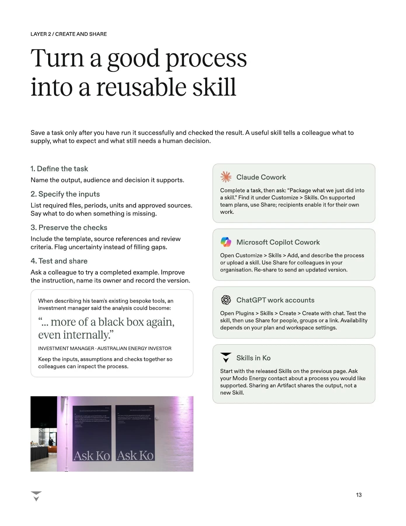Page 13 of the guide, "Turn a good process into a reusable skill", showing the four steps and where to create a skill in each tool