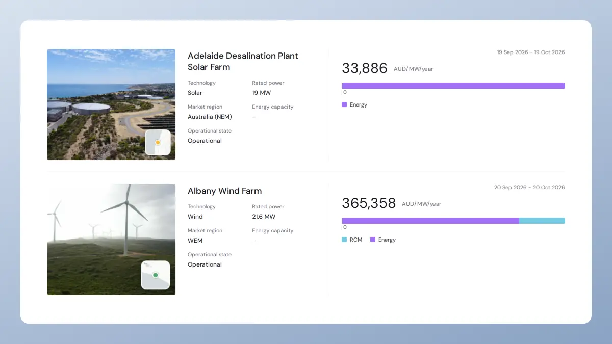 See revenues for NEM solar and wind assets by location, asset, and owner